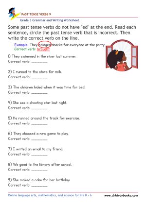 Grade 3 grammar worksheet focusing on past tense verbs, where students correct incorrect verb forms to enhance their language skills.