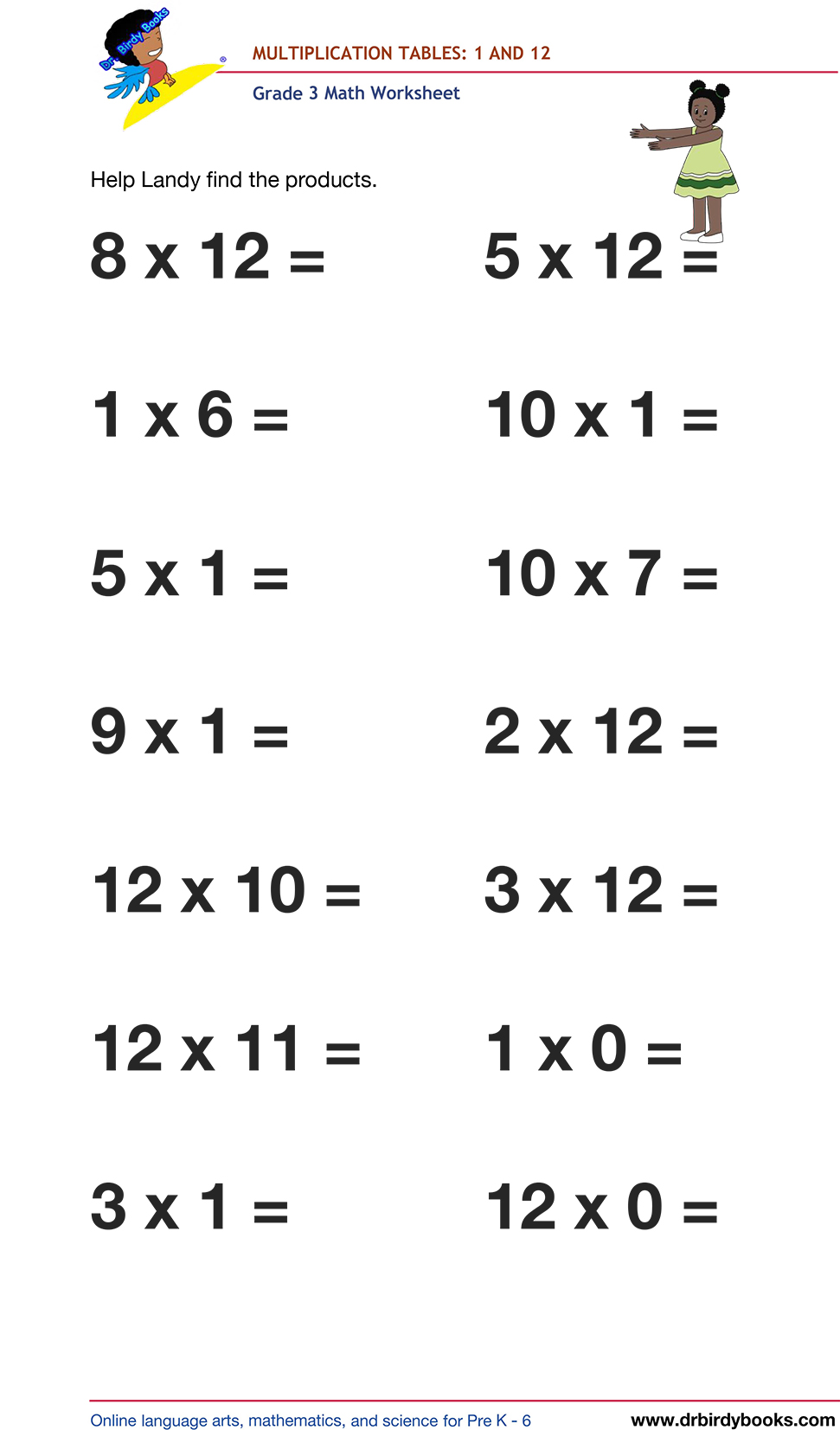 Grade 3 math worksheet focusing on multiplication tables from 1 to 12, designed to enhance students' math skills through engaging practice exercises.
