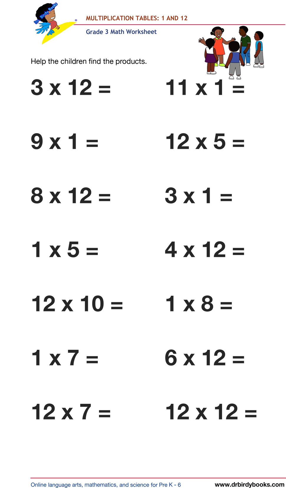 Grade 3 math worksheet focusing on multiplication tables from 1 to 12, designed to enhance students' math skills through engaging practice exercises.