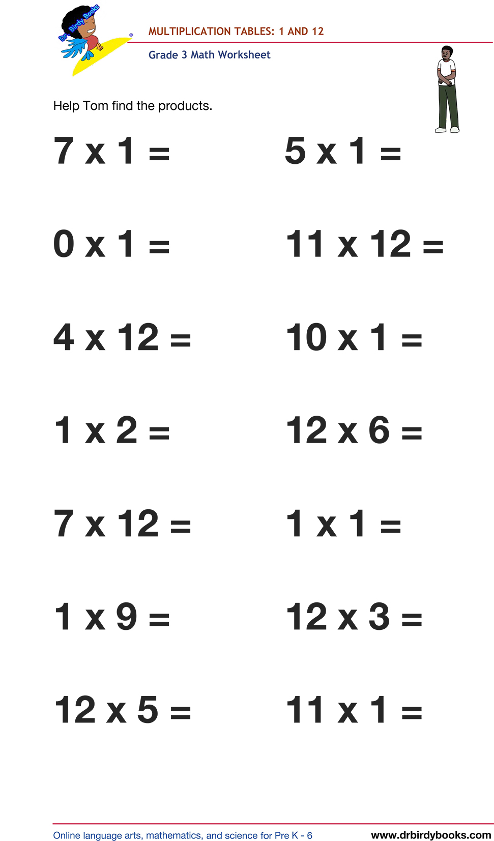 Grade 3 math worksheet focusing on multiplication tables from 1 to 12, designed to enhance students' math skills through engaging practice exercises.