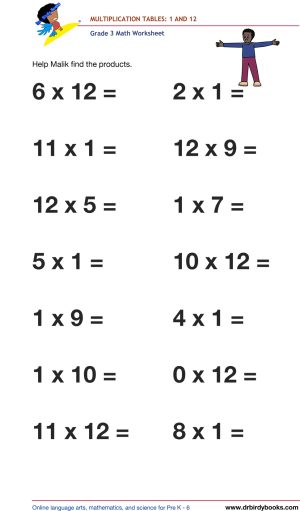 Grade 3 math worksheet focusing on multiplication tables from 1 to 12, designed to enhance students' math skills through engaging practice exercises.