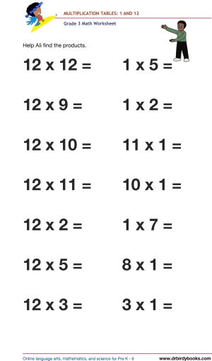 Grade 3 math worksheet focusing on multiplication tables from 1 to 12, designed to enhance students' math skills through engaging practice exercises.