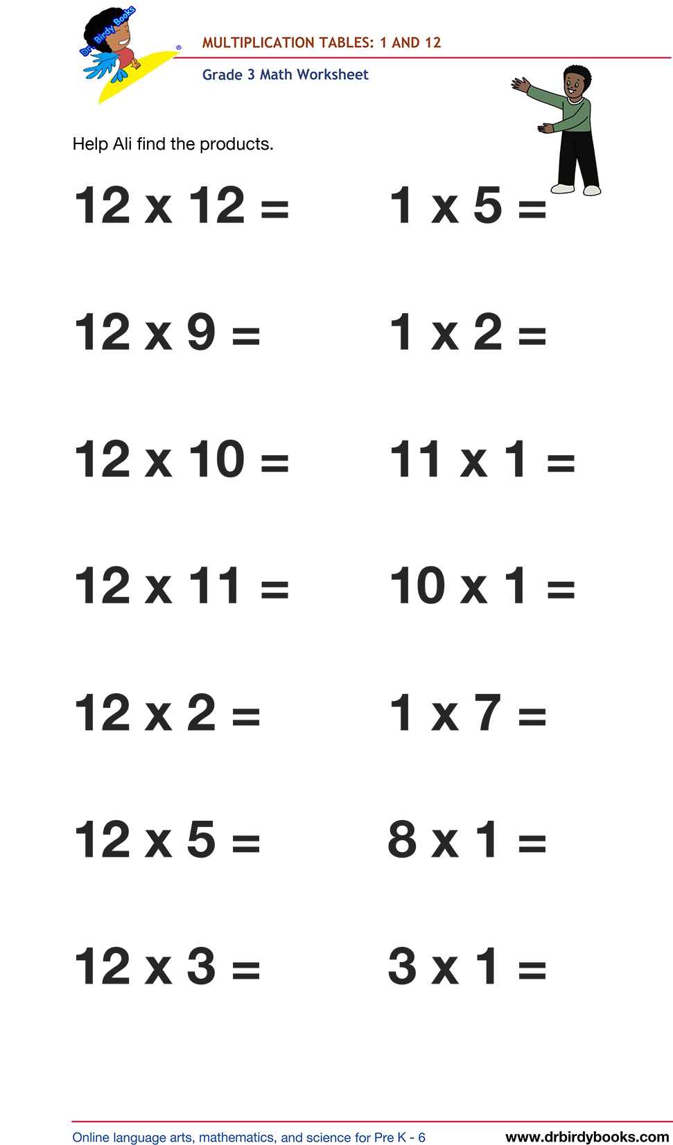 Grade 3 math worksheet focusing on multiplication tables from 1 to 12, designed to enhance students' math skills through engaging practice exercises.