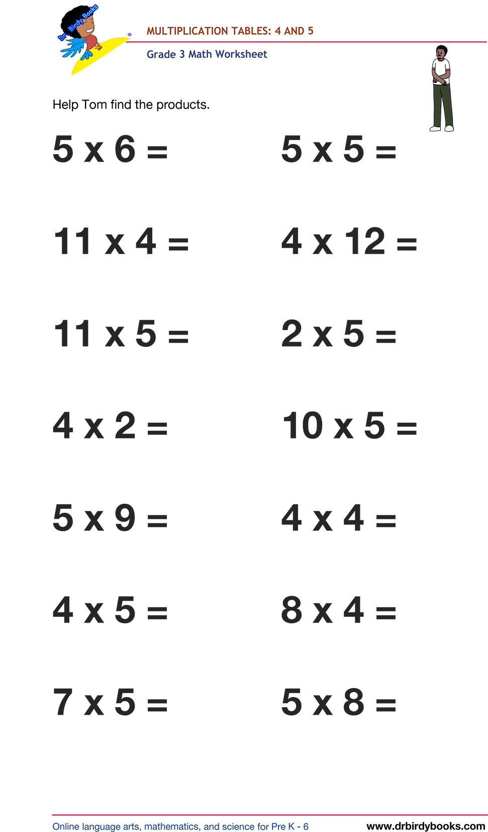 Grade 3 math worksheet focusing on multiplication tables from 1 to 12, designed to enhance students' math skills through engaging practice exercises.
