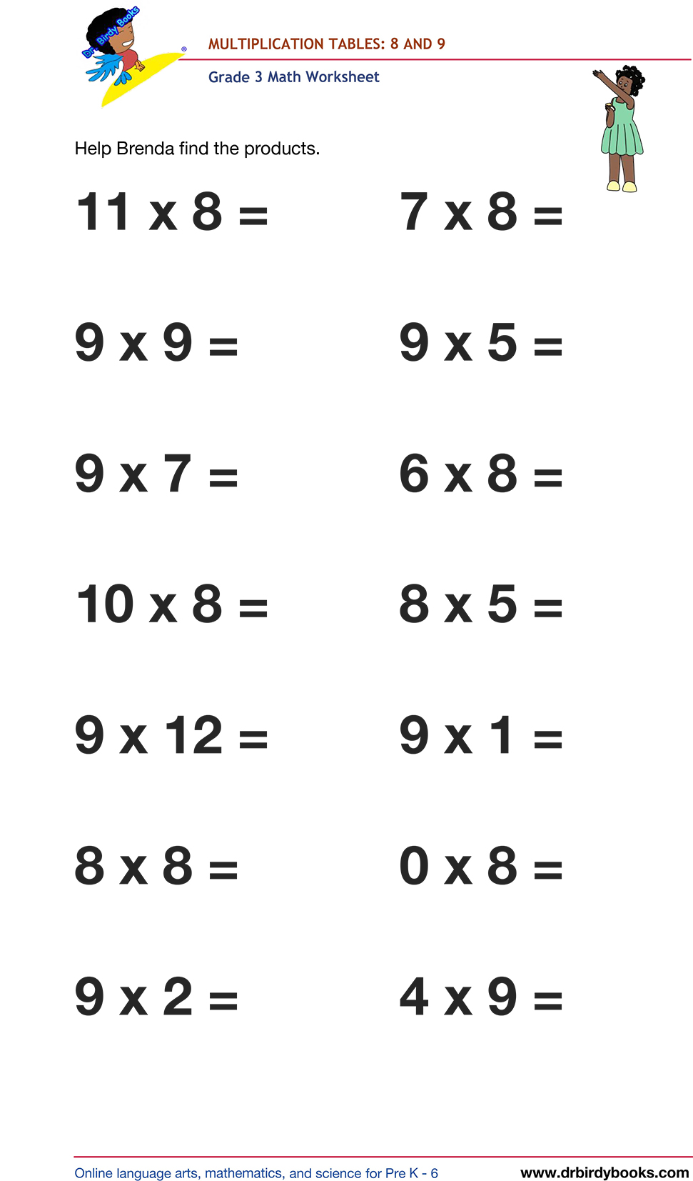 Grade 3 math worksheet focusing on multiplication tables from 1 to 12, designed to enhance students' math skills through engaging practice exercises.
