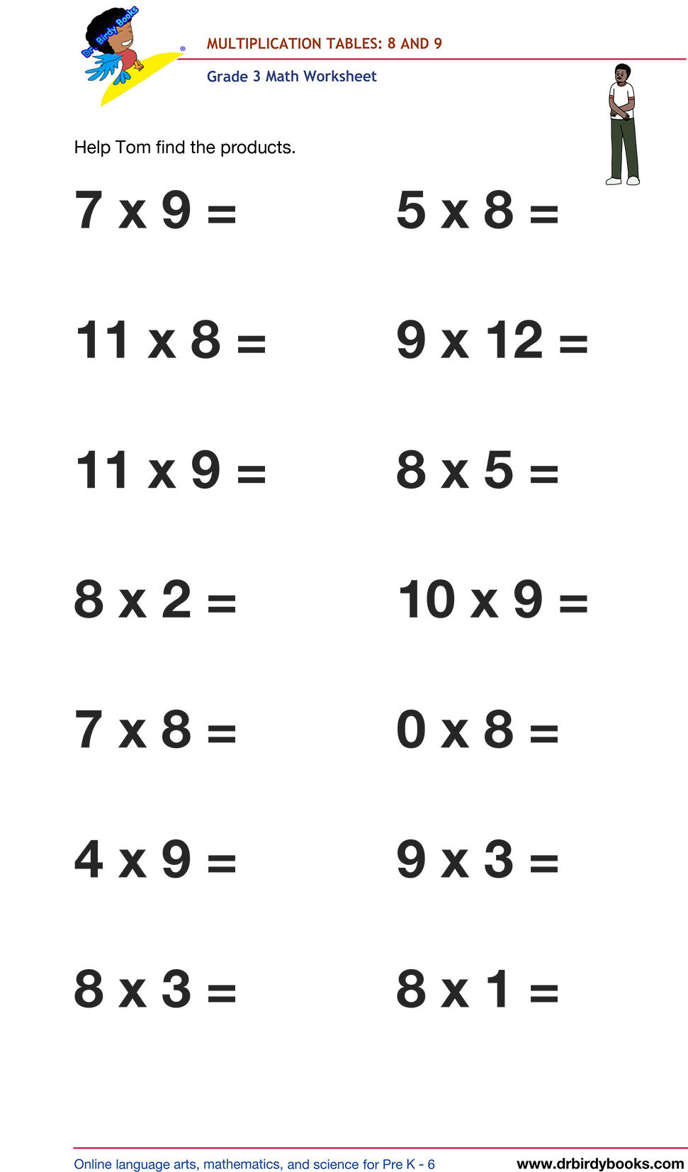 Grade 3 math worksheet focusing on multiplication tables from 1 to 12, designed to enhance students' math skills through engaging practice exercises.