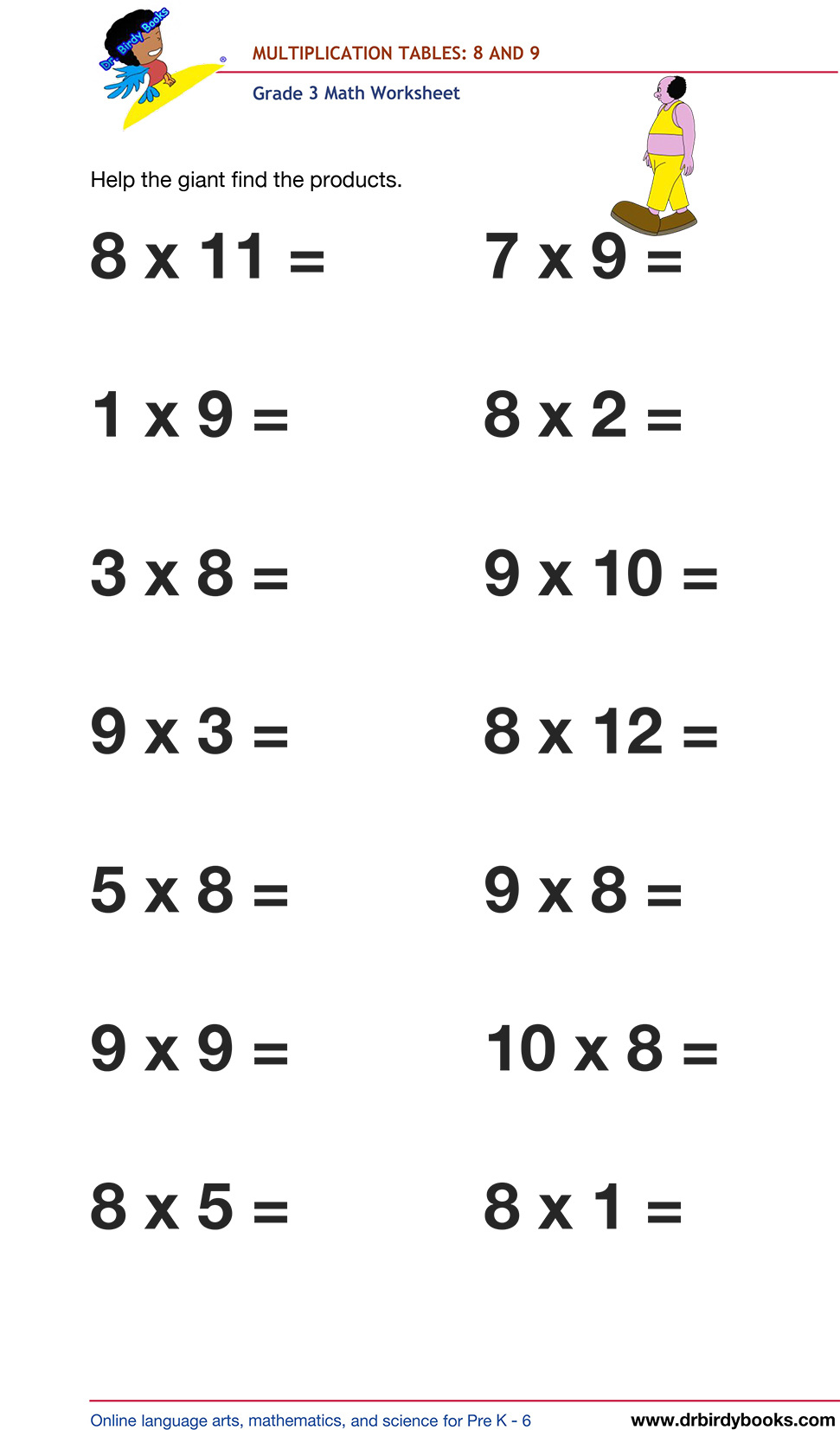 Grade 3 math worksheet focusing on multiplication tables from 1 to 12, designed to enhance students' math skills through engaging practice exercises.
