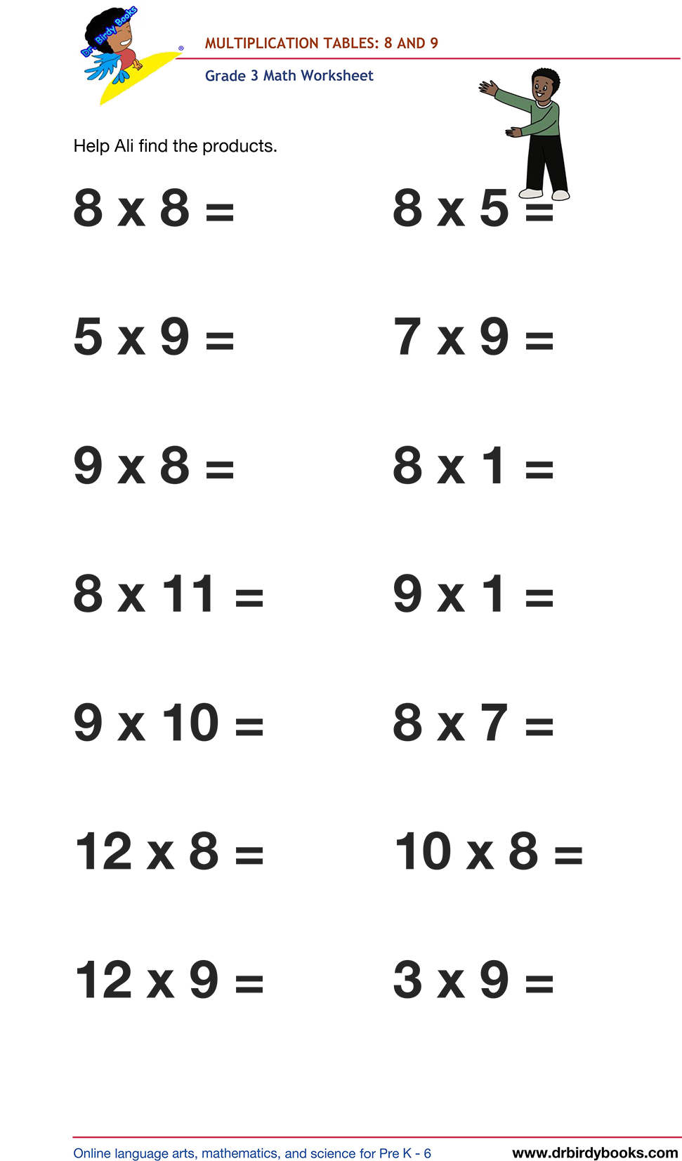 Grade 3 math worksheet focusing on multiplication tables from 1 to 12, designed to enhance students' math skills through engaging practice exercises.