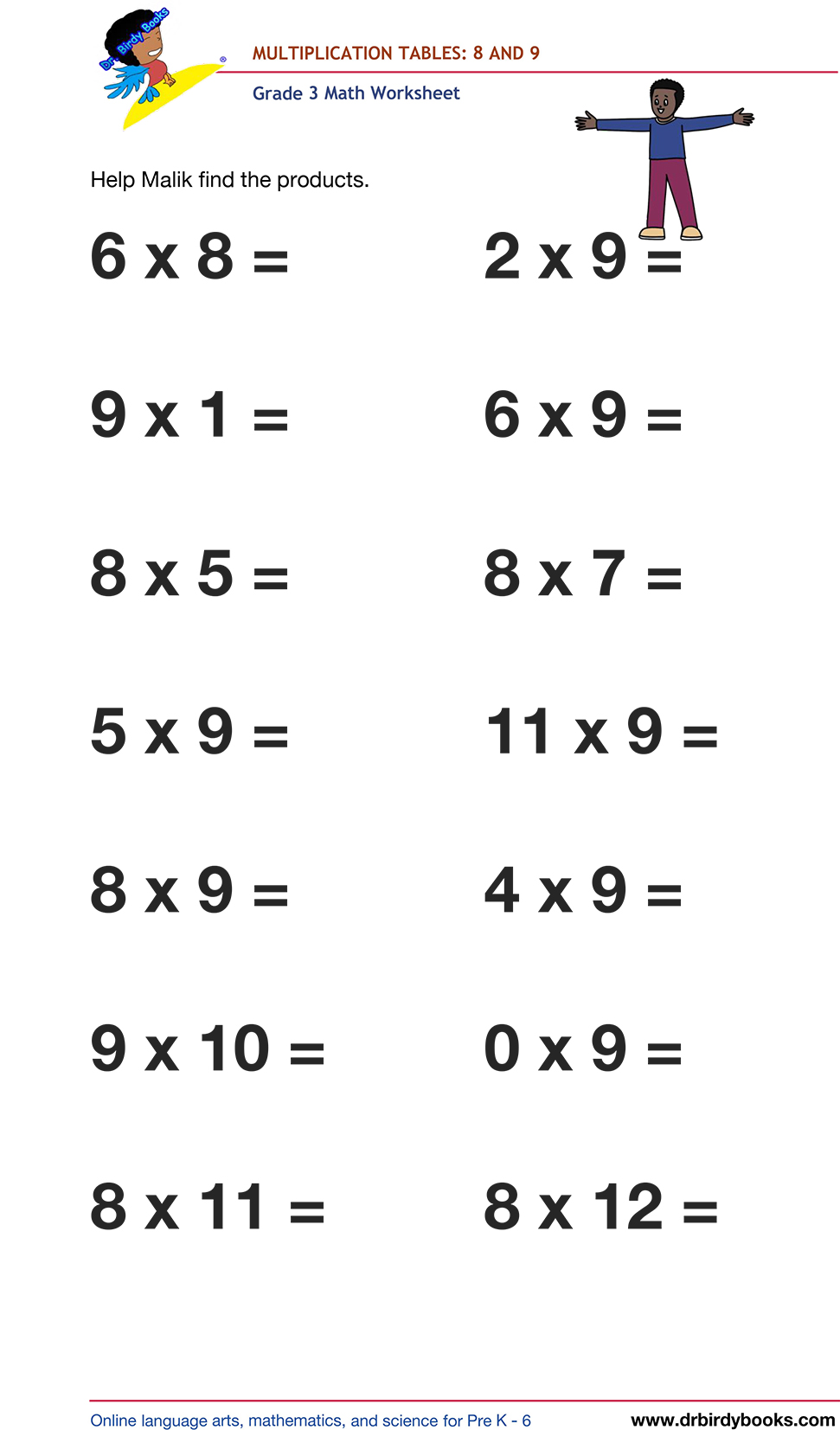 Grade 3 math worksheet focusing on multiplication tables from 1 to 12, designed to enhance students' math skills through engaging practice exercises.