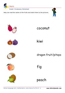 Colorful images of fruits for matching names in Grade 3 Vocabulary Fruits Worksheet.