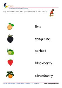 Colorful images of fruits for matching names in Grade 3 Vocabulary Fruits Worksheet.