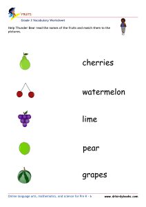 Grade 3 vocabulary worksheet featuring activities for matching pictures of fruits to their names.