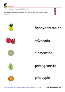 Colorful images of fruits for matching names in Grade 3 Vocabulary Fruits Worksheet.
