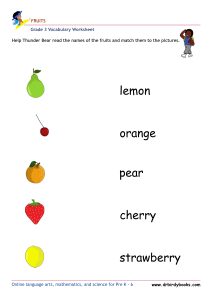 Grade 3 vocabulary worksheet featuring activities for matching pictures of fruits to their names.