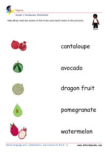 Colorful images of fruits for matching names in Grade 3 Vocabulary Fruits Worksheet.