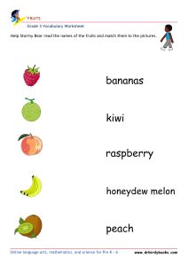 Colorful images of fruits for matching names in Grade 3 Vocabulary Fruits Worksheet.