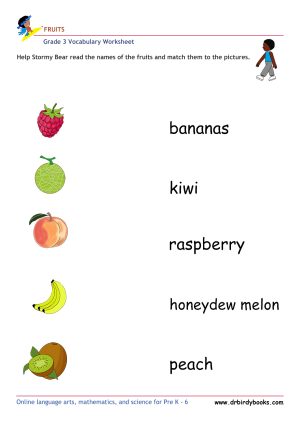Colorful images of fruits for matching names in Grade 3 Vocabulary Fruits Worksheet.