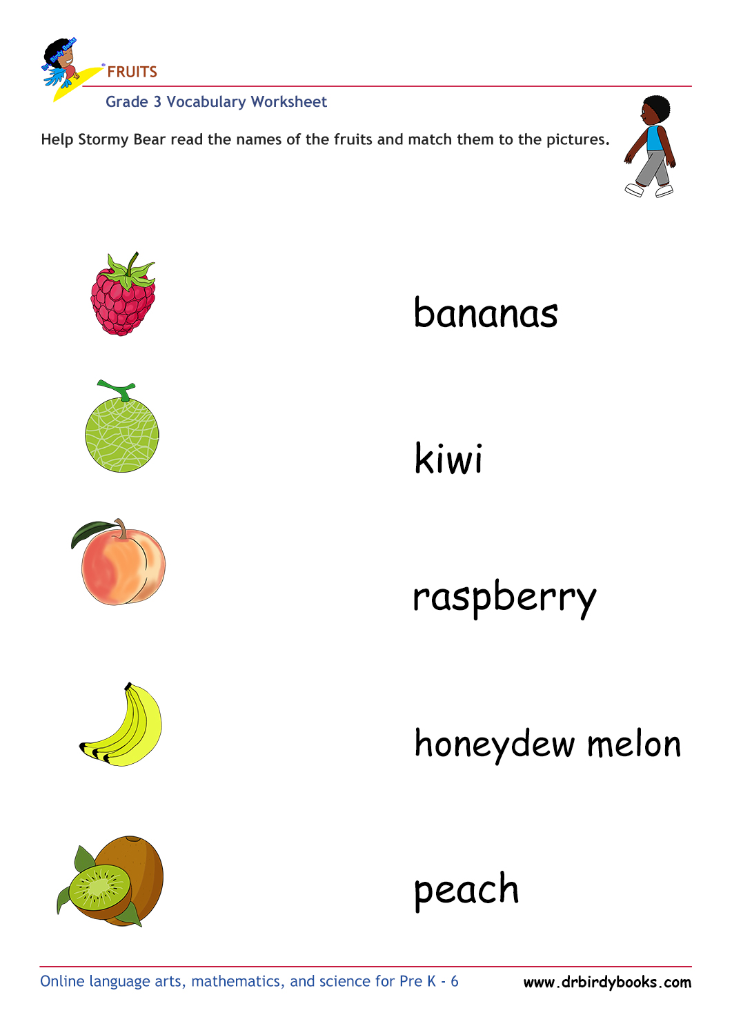 Colorful images of fruits for matching names in Grade 3 Vocabulary Fruits Worksheet.
