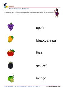 Colorful images of fruits for matching names in Grade 3 Vocabulary Fruits Worksheet.