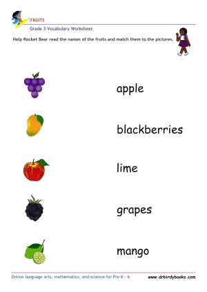 Colorful images of fruits for matching names in Grade 3 Vocabulary Fruits Worksheet.