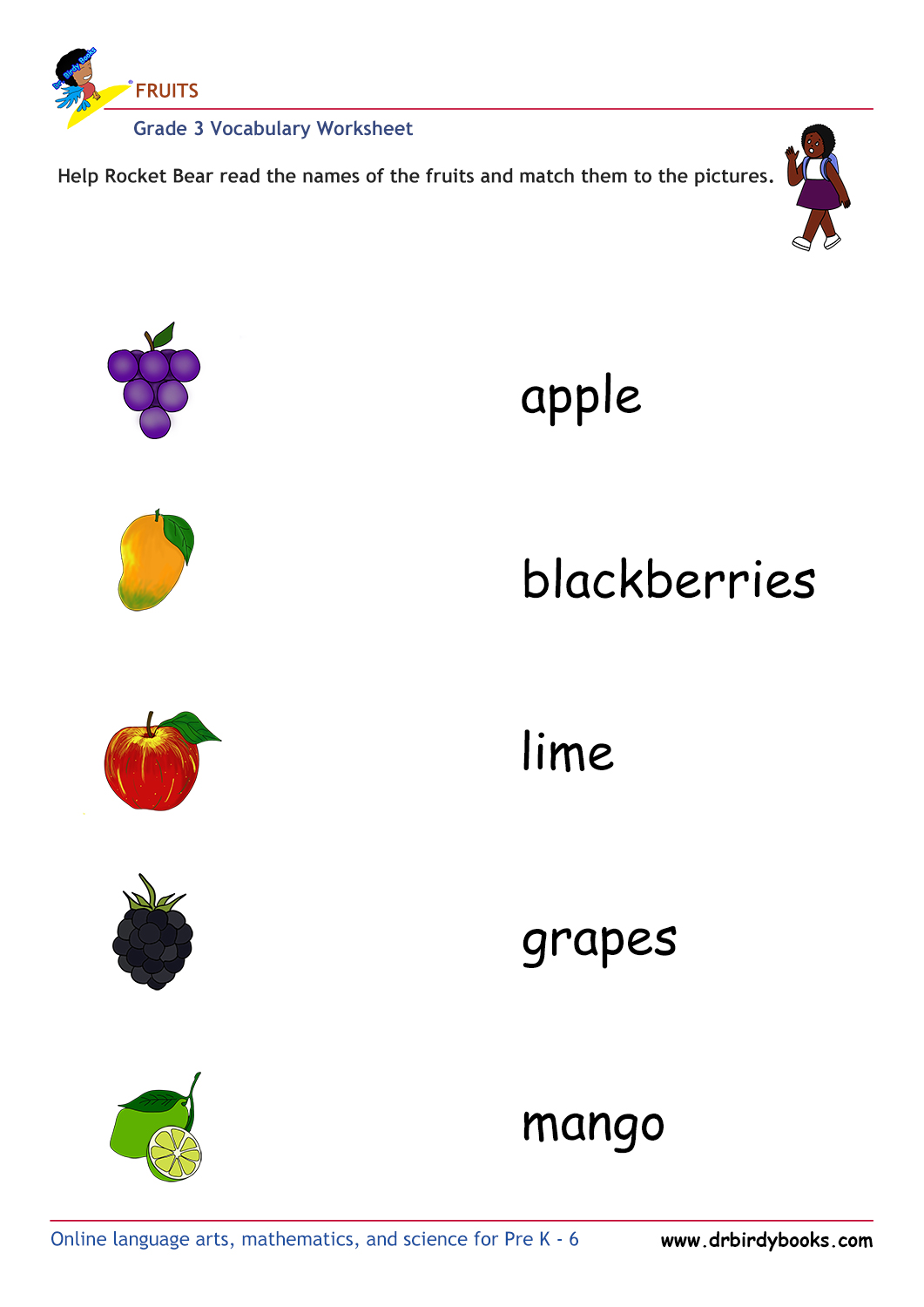Colorful images of fruits for matching names in Grade 3 Vocabulary Fruits Worksheet.