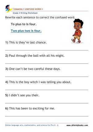 Grade 3 Commonly Confused Words Worksheet showing example sentences for correction.