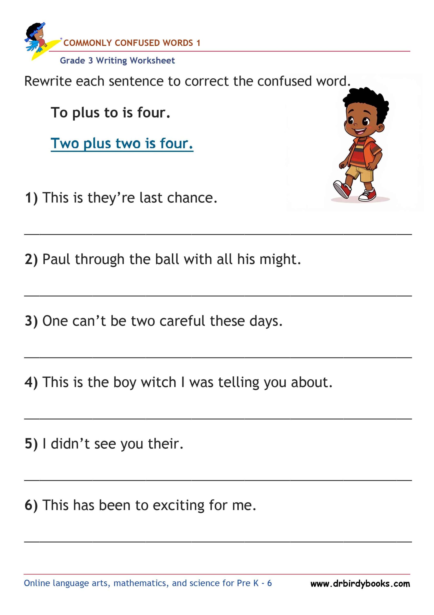 Grade 3 Commonly Confused Words Worksheet showing example sentences for correction.