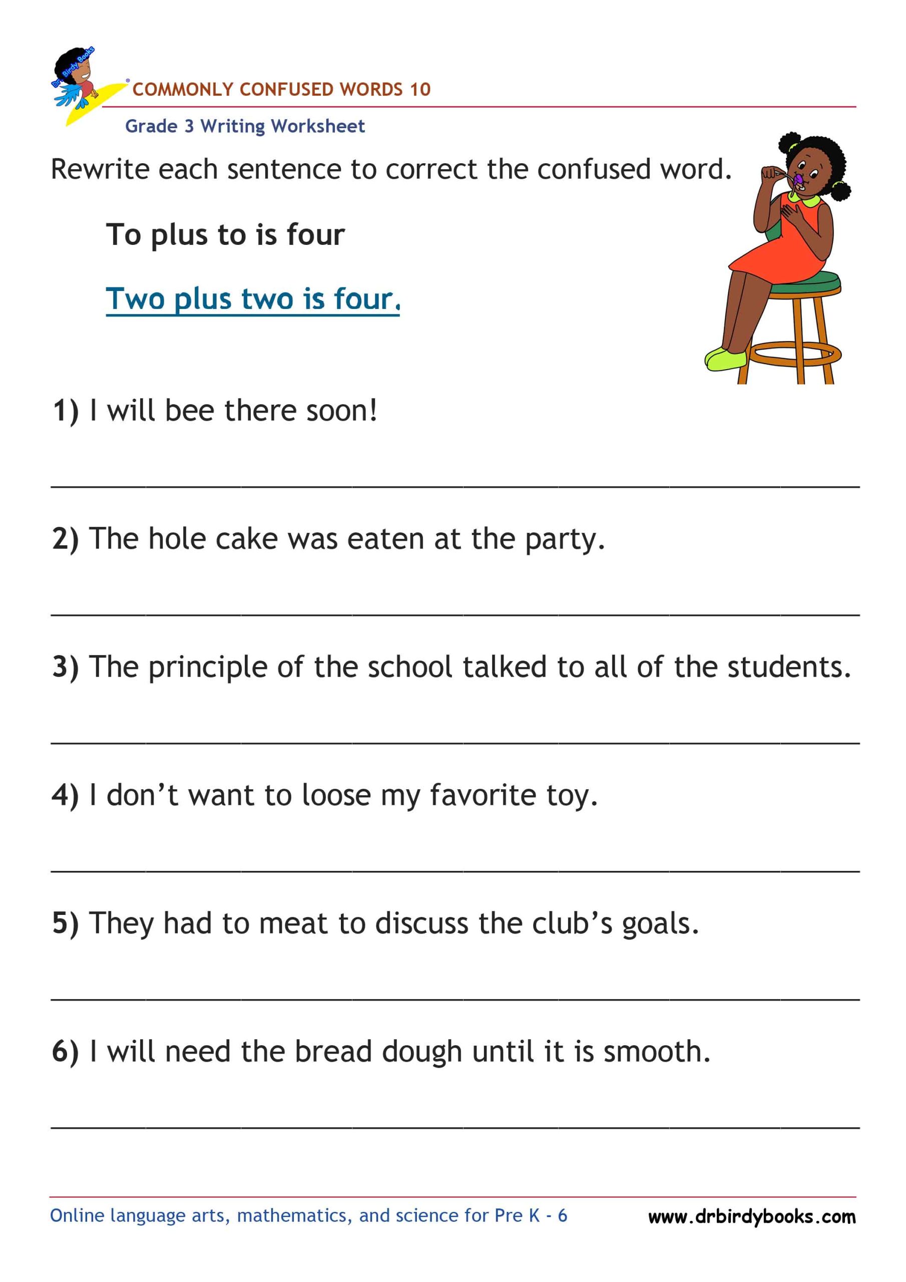 Grade 3 Commonly Confused Words Worksheet showing example sentences for correction.