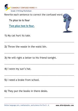 Grade 3 Commonly Confused Words Worksheet showing example sentences for correction.
