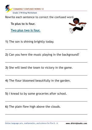 Grade 3 Commonly Confused Words Worksheet showing example sentences for correction.