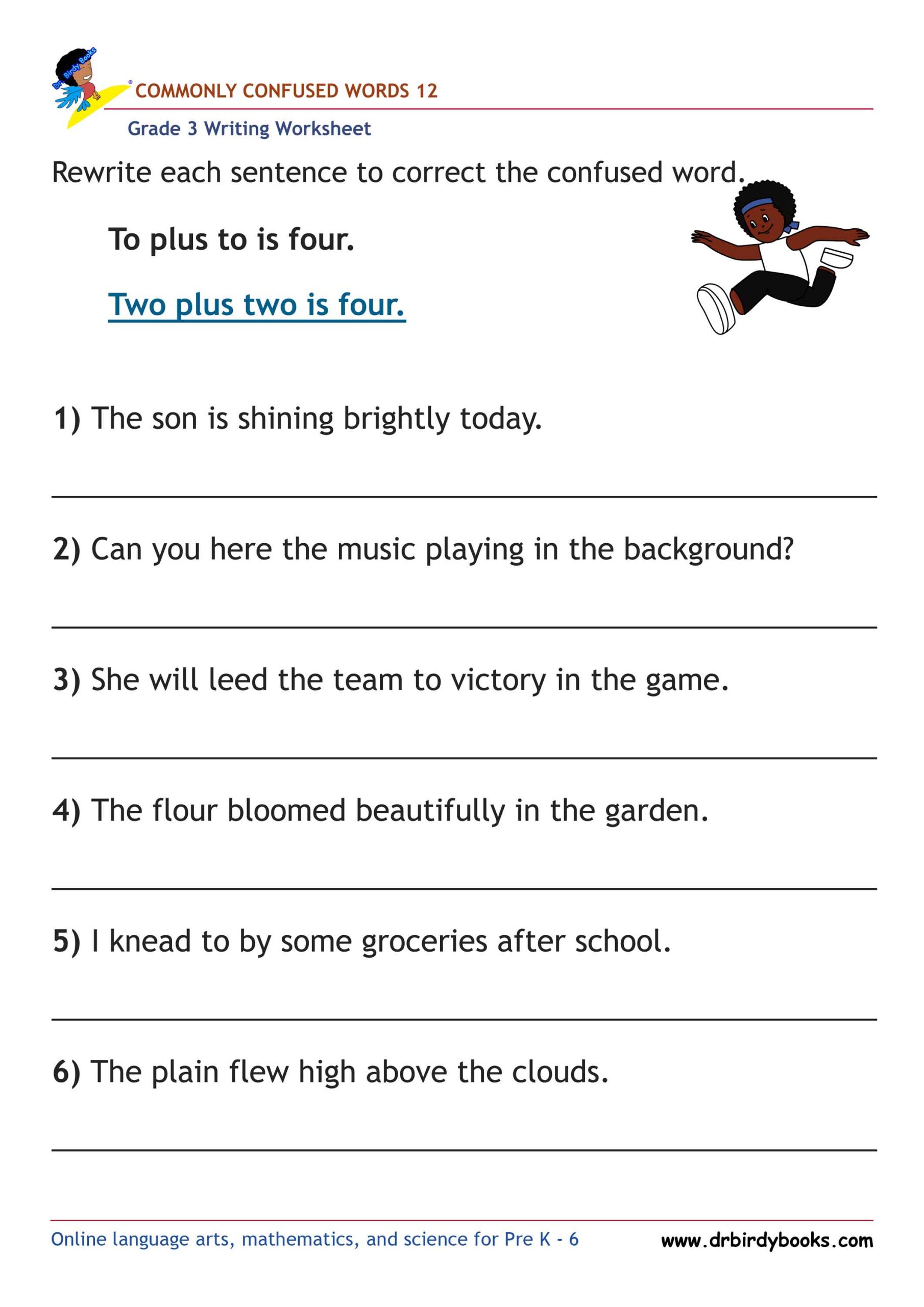 Grade 3 Commonly Confused Words Worksheet showing example sentences for correction.