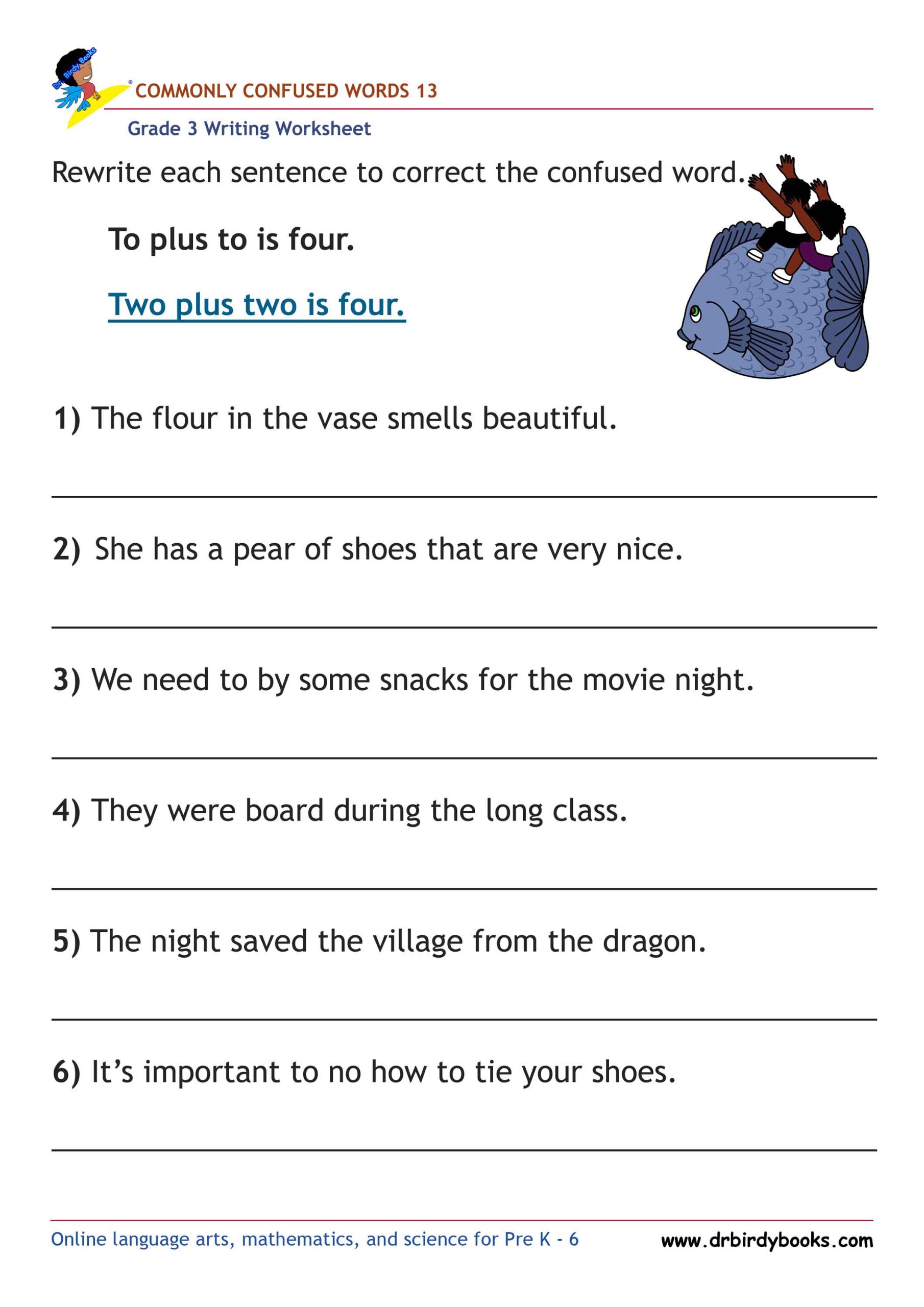 Grade 3 Commonly Confused Words Worksheet showing example sentences for correction.