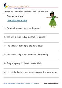 Grade 3 Commonly Confused Words Worksheet showing example sentences for correction.