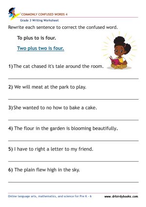 Grade 3 Commonly Confused Words Worksheet showing example sentences for correction.