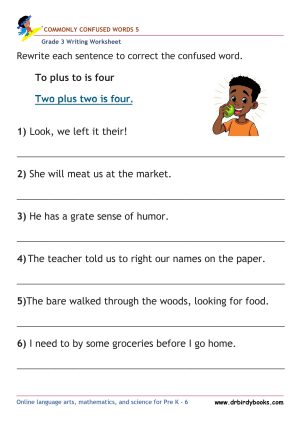 Grade 3 Commonly Confused Words Worksheet showing example sentences for correction.