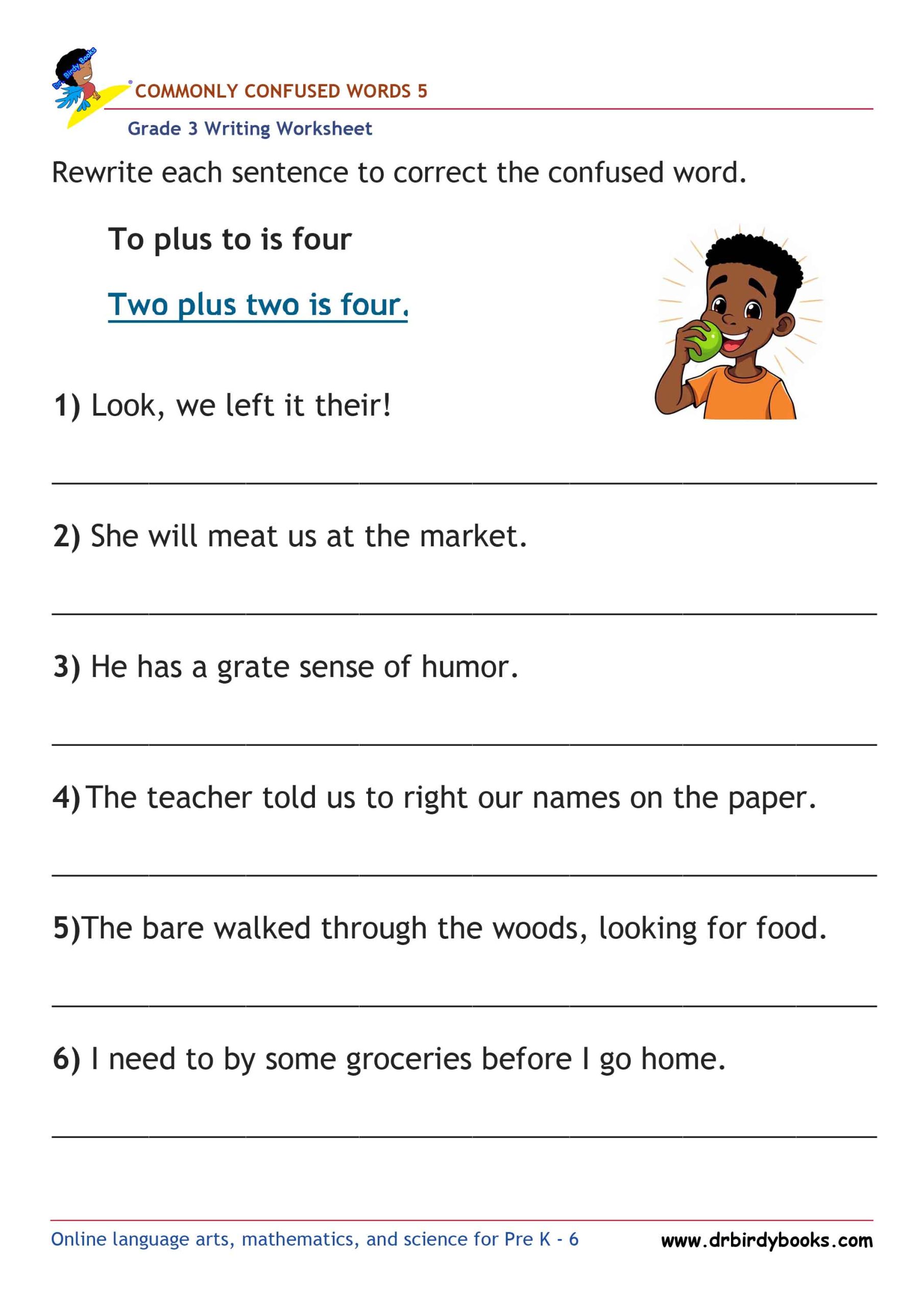 Grade 3 Commonly Confused Words Worksheet showing example sentences for correction.