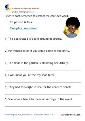 Grade 3 Commonly Confused Words Worksheet showing example sentences for correction.