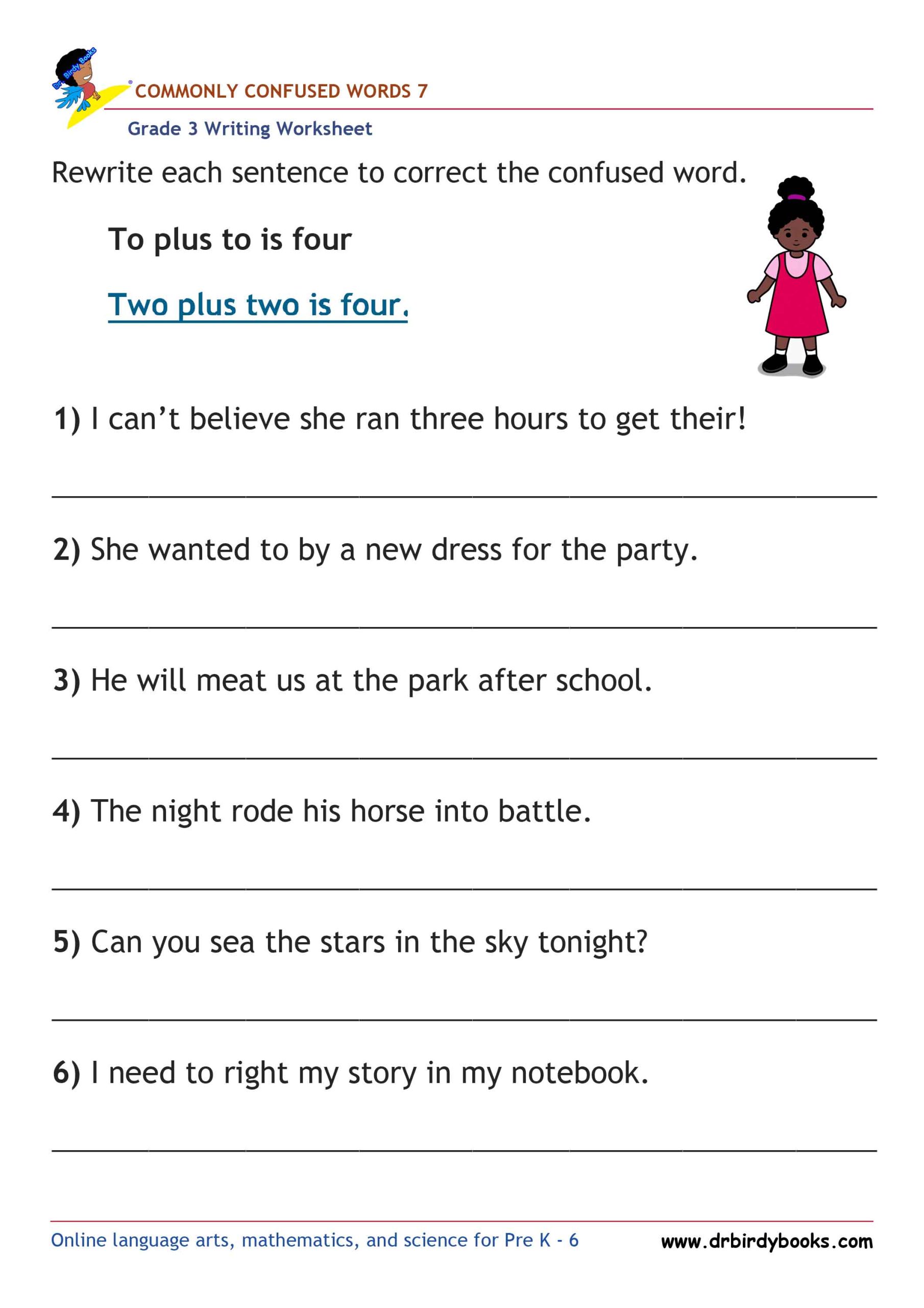 Grade 3 Commonly Confused Words Worksheet showing example sentences for correction.