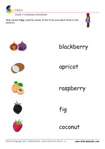 Colorful images of fruits for matching names in Grade 4 Vocabulary Fruits Worksheet.