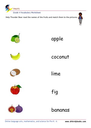 Colorful images of fruits for matching names in Grade 4 Vocabulary Fruits Worksheet.
