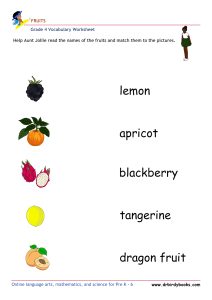 Colorful images of fruits for matching names in Grade 4 Vocabulary Fruits Worksheet.