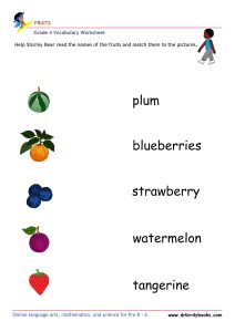 Colorful images of fruits for matching names in Grade 4 Vocabulary Fruits Worksheet.