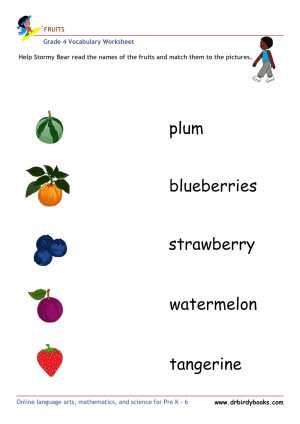 Colorful images of fruits for matching names in Grade 4 Vocabulary Fruits Worksheet.