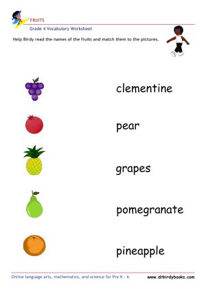 Colorful images of fruits for matching names in Grade 4 Vocabulary Fruits Worksheet.