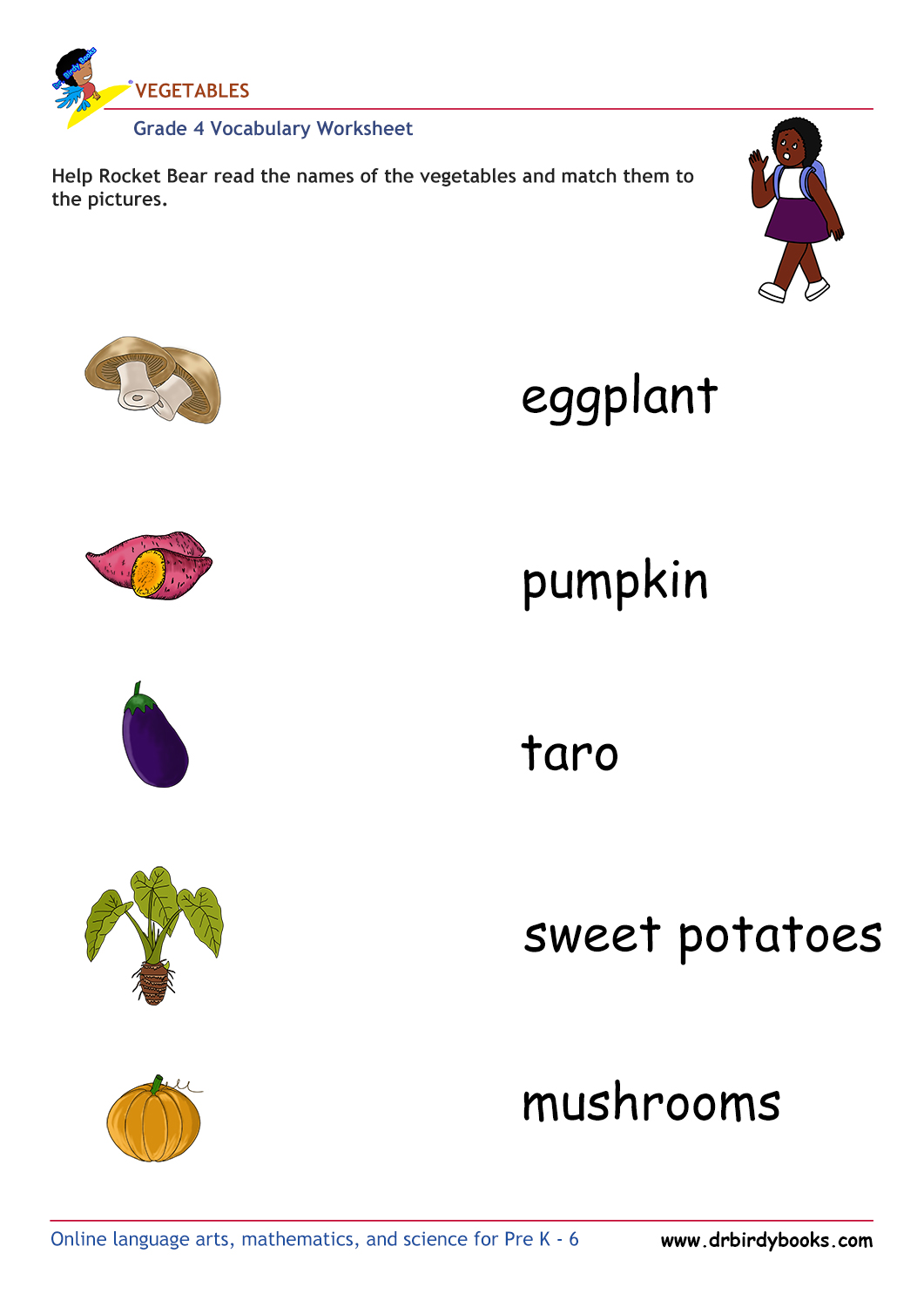Grade 4 vocabulary worksheet featuring activities for matching pictures of vegetables to their names.
