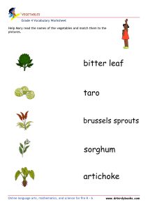 Grade 4 vocabulary worksheet featuring activities for matching pictures of vegetables to their names.