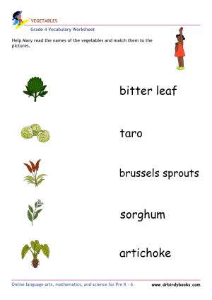Grade 4 vocabulary worksheet featuring activities for matching pictures of vegetables to their names.