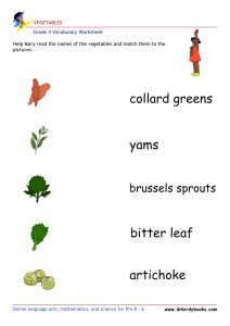 Grade 4 vocabulary worksheet featuring activities for matching pictures of vegetables to their names.