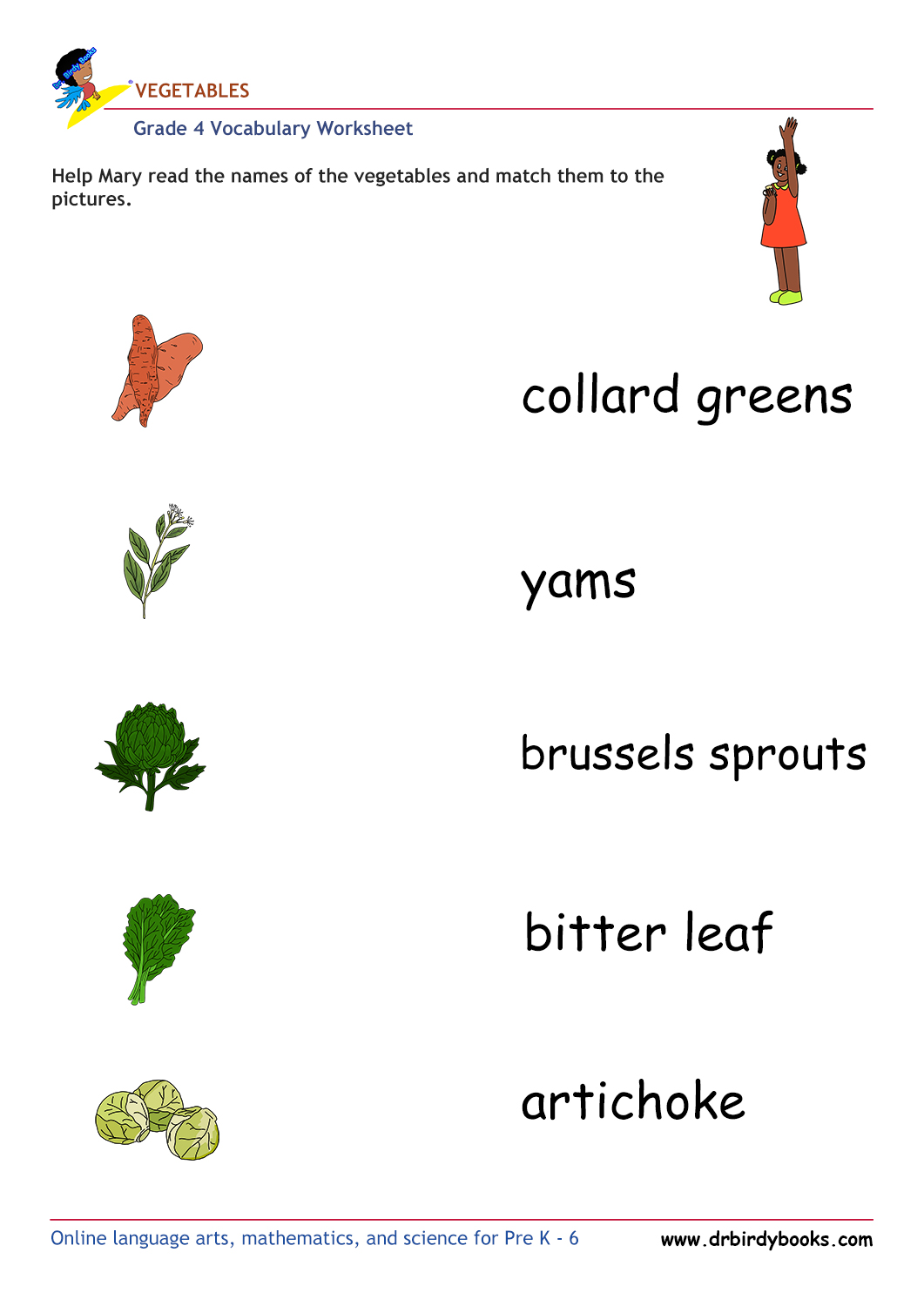Grade 4 vocabulary worksheet featuring activities for matching pictures of vegetables to their names.