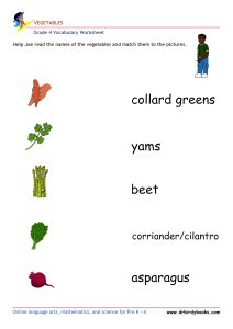Grade 4 vocabulary worksheet featuring activities for matching pictures of vegetables to their names.